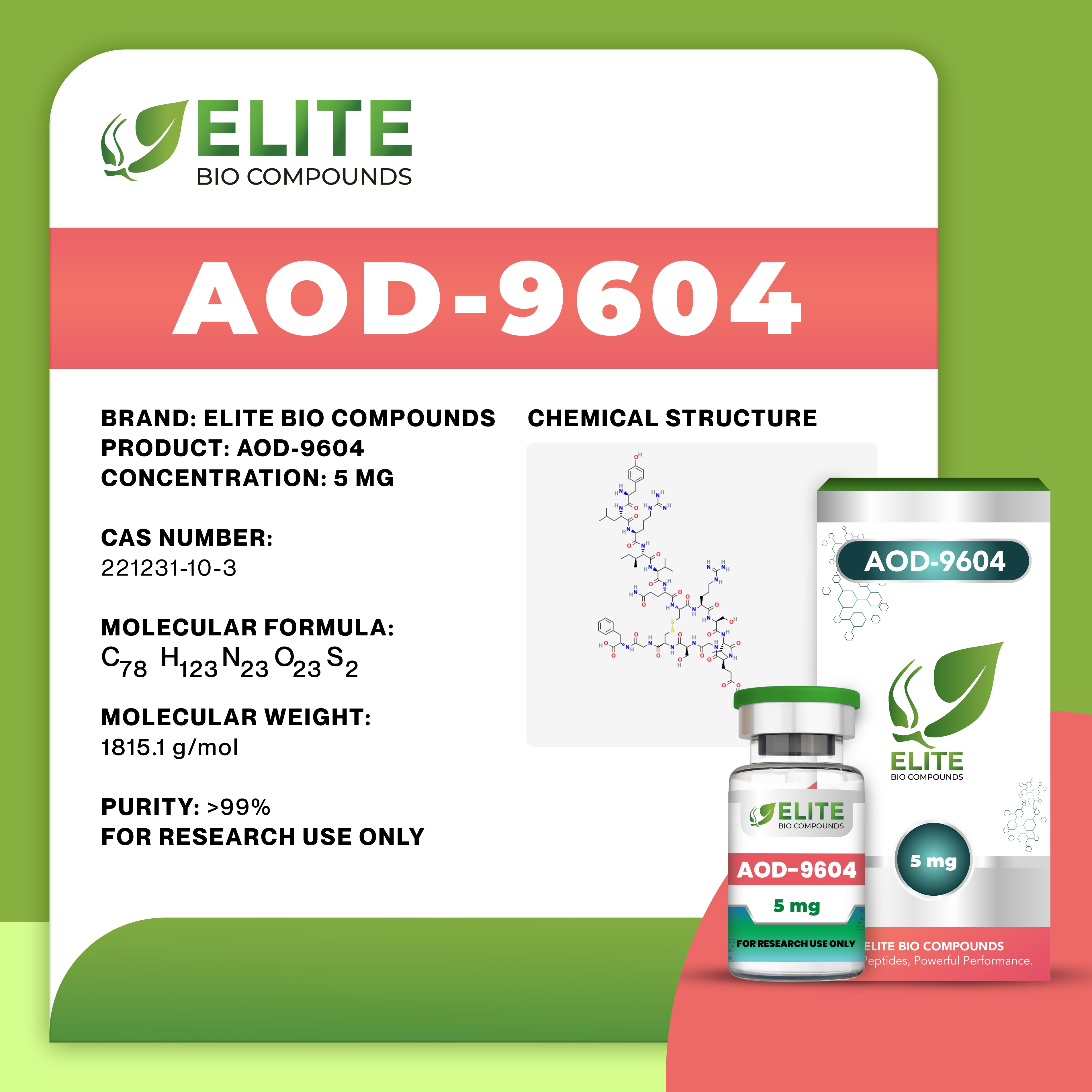 AOD-9604 (5 mg) | Body Composition, Fat Metabolism & Weight Support | ELITE BIO COMPOUNDS AOD-9604 (5 mg) | Body Composition, Fat Metabolism & Weight Support | ELITE BIO COMPOUNDS