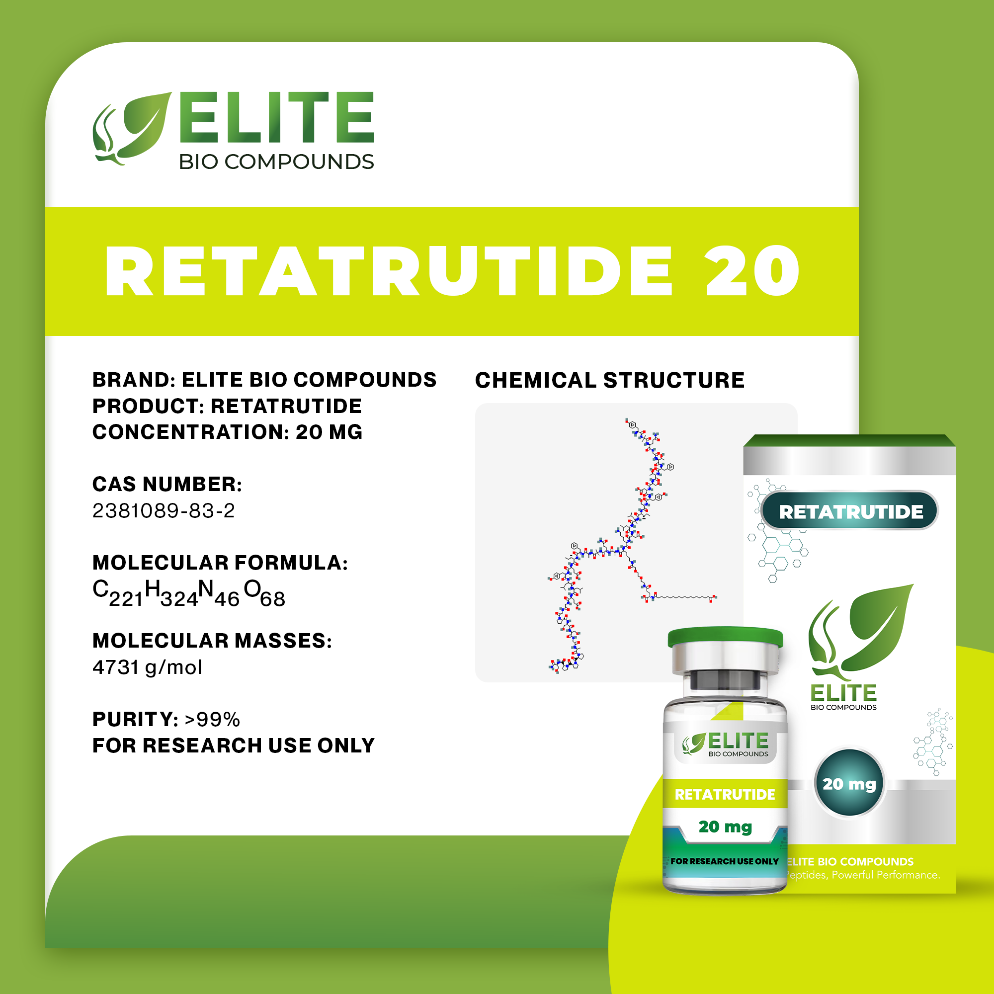 Retatrutide (20 mg) | GLP-1/GIP/Glucagon Triple Agonist | COA Verified | ≥99% Purity